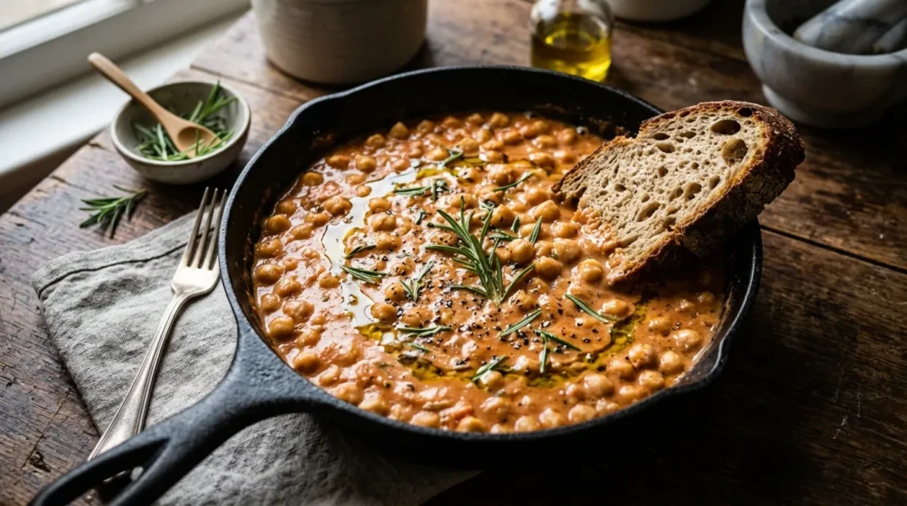 A skillet of creamy Tuscan-style legumes for our delicious ceci beans recipe.