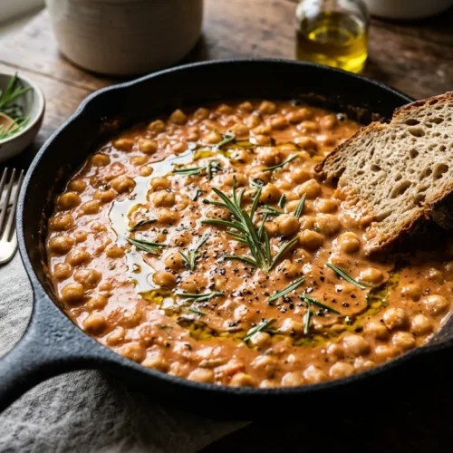 A skillet of creamy Tuscan-style legumes for our delicious ceci beans recipe.