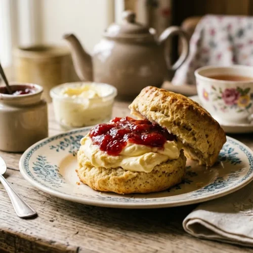 A warm scone topped with the perfect clotted cream recipe and strawberry jam.